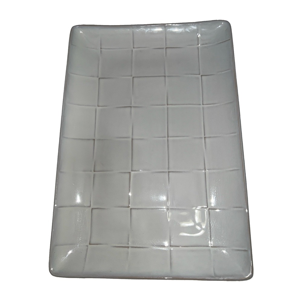 Vintage Pier 1 Cubic White Rectangular Serving Platter 16 X 11 White Grid Style
